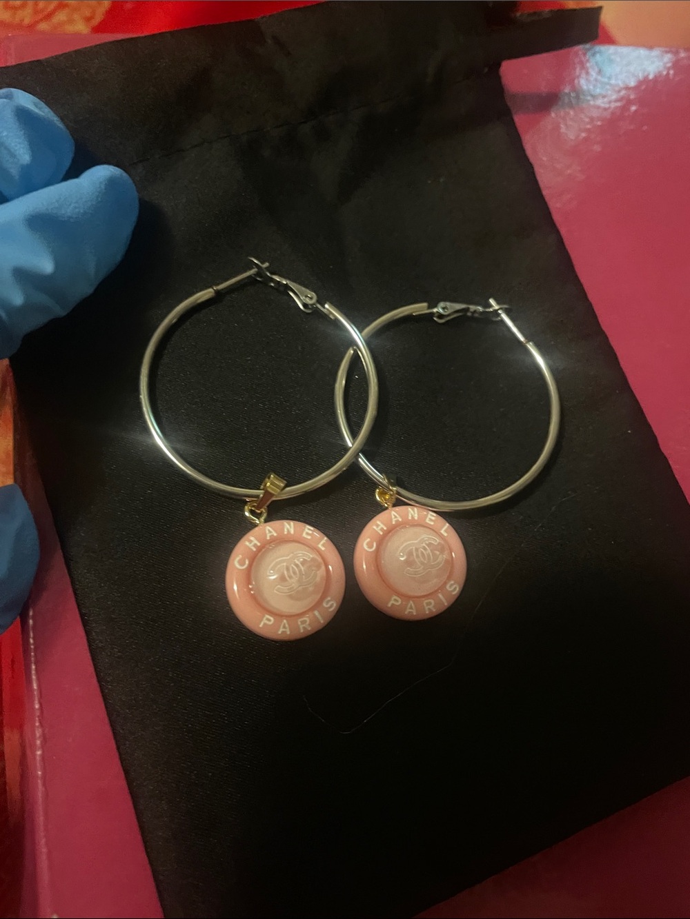 CHANEL upcycled Pink and Gold Hoop Earrings with Logo Disc - Picture 15 of 17